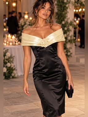 Vintage Gunne Sax by Jessica McClintock Off-Shoulder Satin Dress Black & Ivory